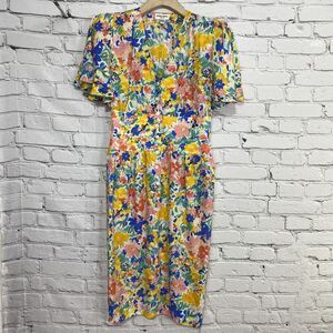 Vintage Nora Noh 100%‎ Silk Floral Midi Dress Size 12 Petite Flutter Sleeve 80s